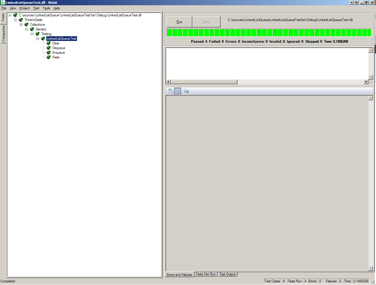 Unit Testing results window